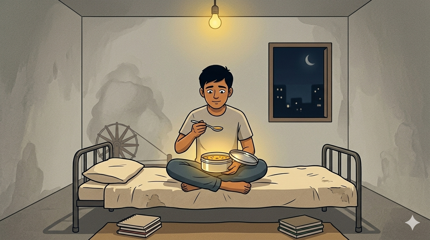 A young man sits alone on a simple bed in a sparse room eating dal from an open steel tiffin by the light of a single dim bulb
