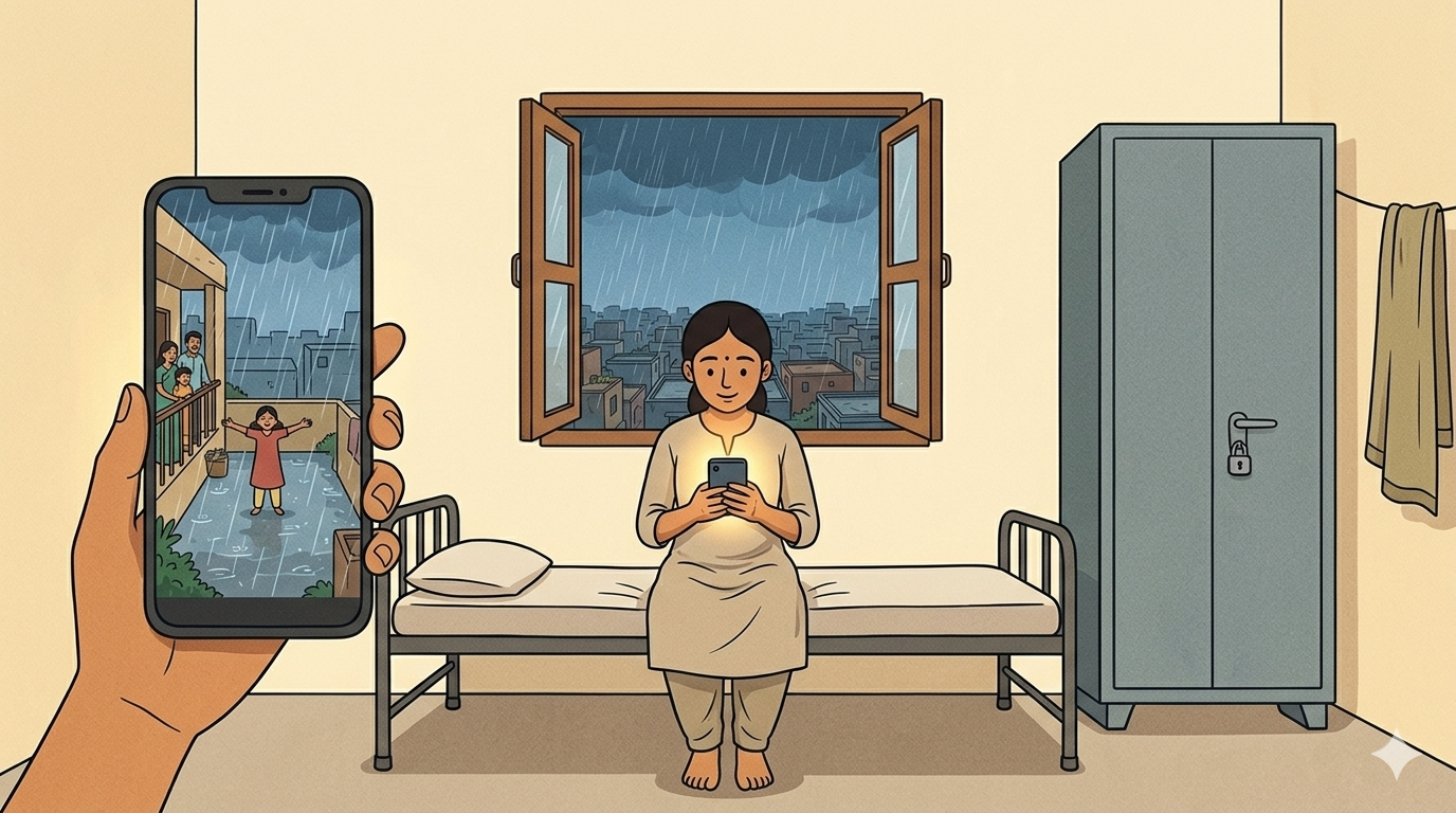 A young woman sits alone on a hostel bed holding a glowing phone showing a family photo, heavy monsoon rain falling outside the window behind her