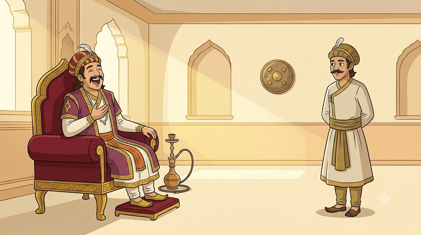 Emperor Akbar sits on his throne with a laugh that has just stopped and a realisation crossing his face while Birbal stands beside him with a calm knowing smile saying nothing