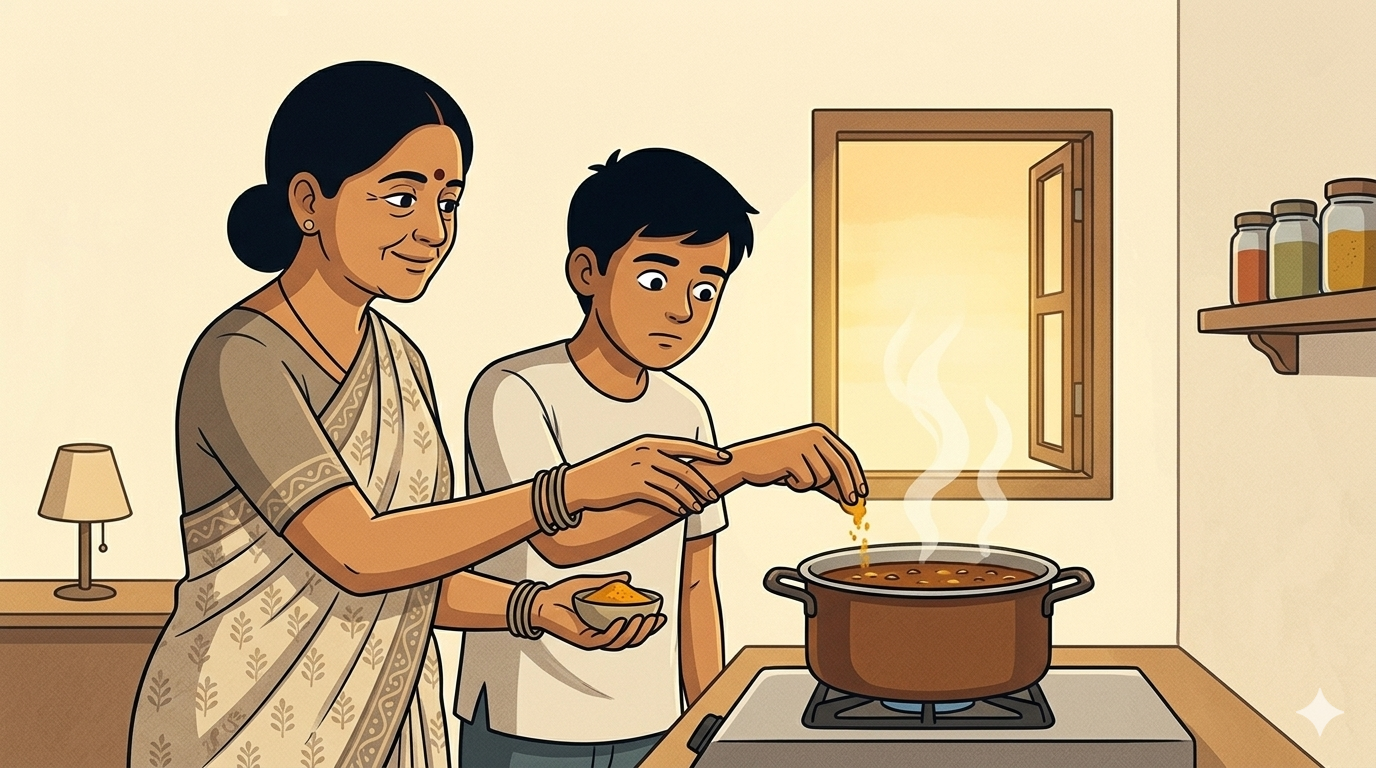 An older woman guides a younger person's hand toward a steaming pot of dal at an Indian kitchen stove in warm morning light