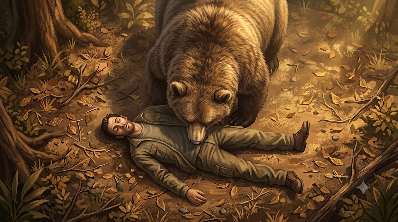 Bear Sniffing Man Acting Dead