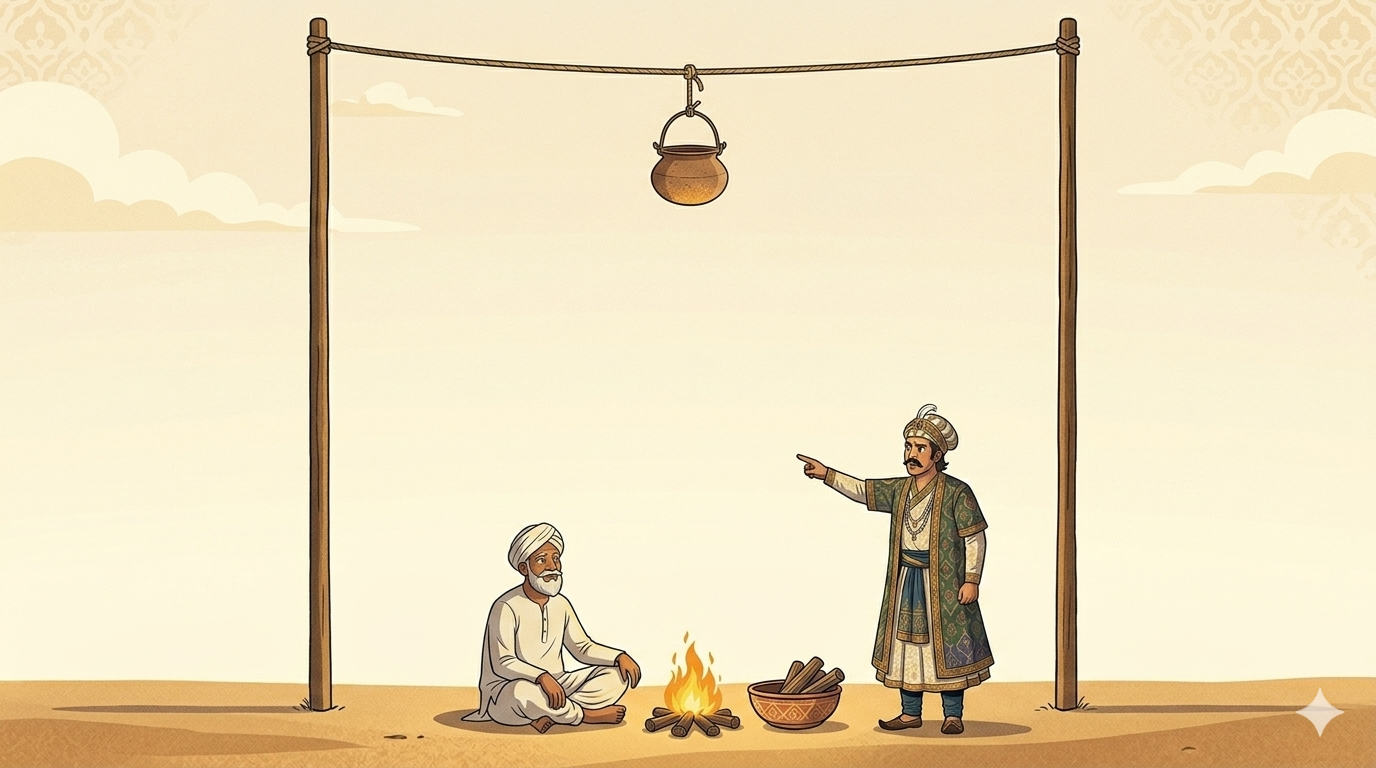 Birbal sits beside a small fire while a cooking pot hangs six feet above the flames on a rope, Emperor Akbar standing nearby looking confused