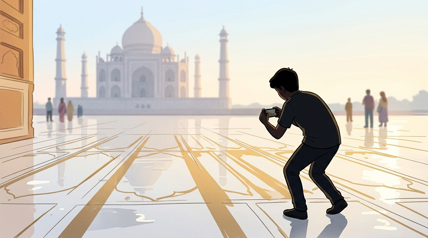 A teenage boy stands with his back to us at the Taj Mahal in early morning golden light photographing the long shadows on the wet marble floor while the famous monument glows softly in the background