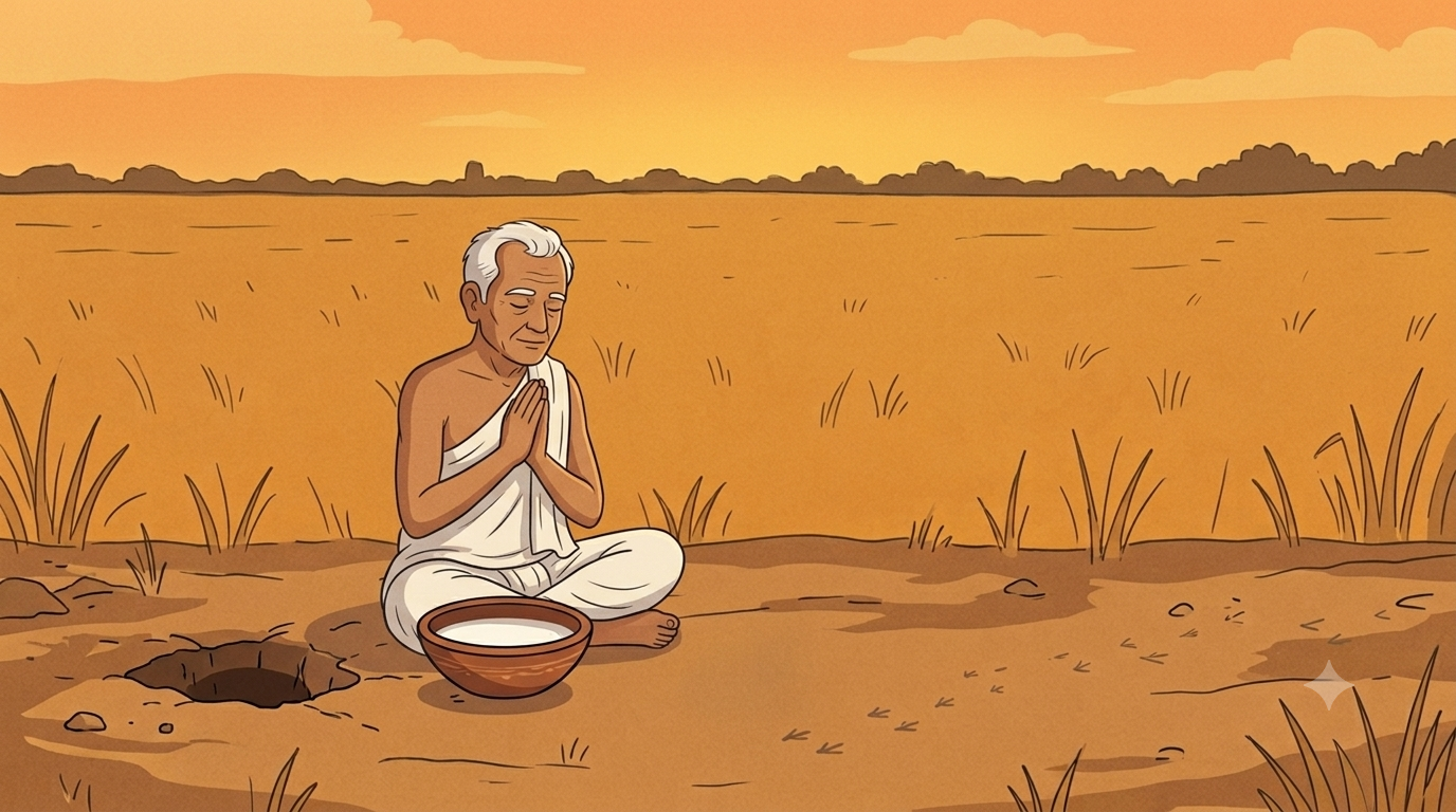An old Brahmin man sits cross legged in a dry field at evening with eyes closed and hands folded in quiet prayer beside a small clay bowl of milk placed at the entrance of a hole in the earth
