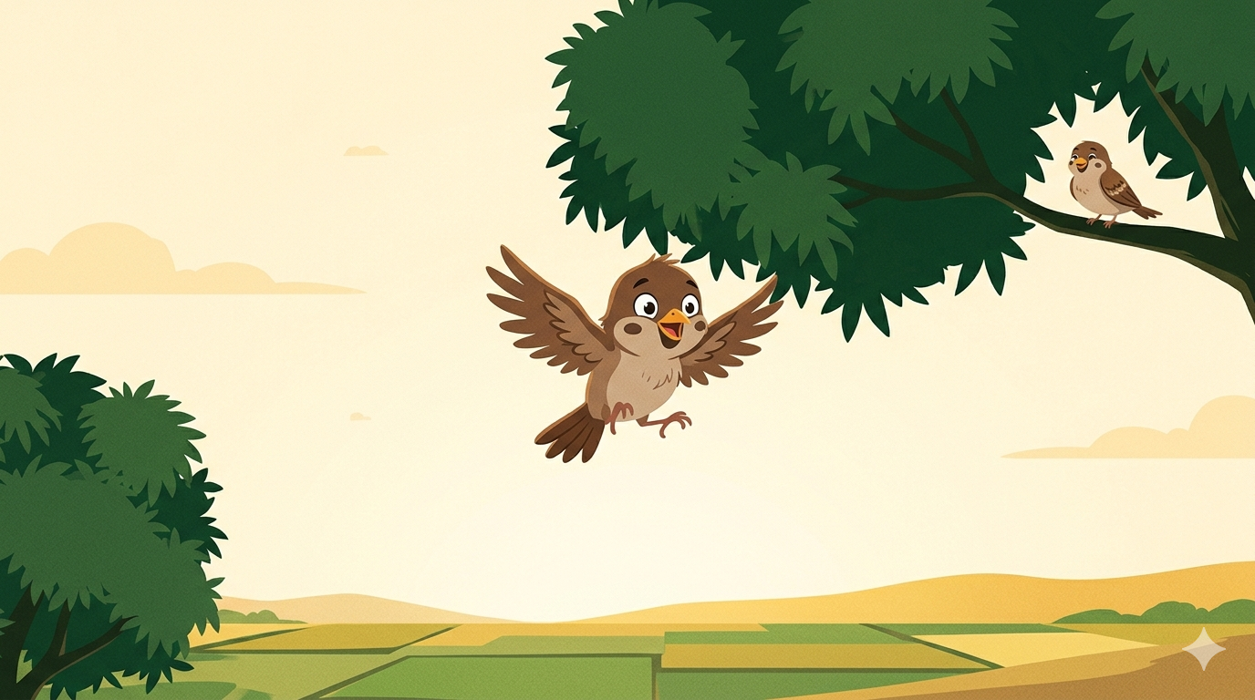 A tiny sparrow flies through the air between two trees for the first time — wings spread wide and slightly wobbly with a surprised joyful expression while her mother watches calmly from a branch behind