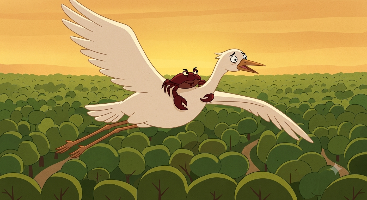 A white crane flies through the air with a crab on its back gripping its neck tightly with both claws — the crane looks panicked while the crab looks firm and completely in control above a green forest below