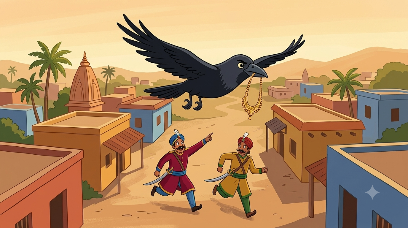 Ek kauwa gaon ke upar jaanbujhkar dheere ud raha hai — chonch mein sone ka haar — neeche do mahal ke pehredaar uski taraf ishara karte hue peeche bhaag rahe hain