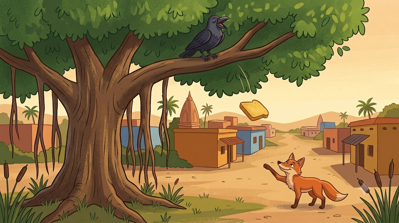 A crow sits on a high branch with its beak wide open mid-caw and eyes closed in vanity while a piece of bread falls from its open beak toward a fox below who looks up with a sly satisfied smile and a paw already reaching for it