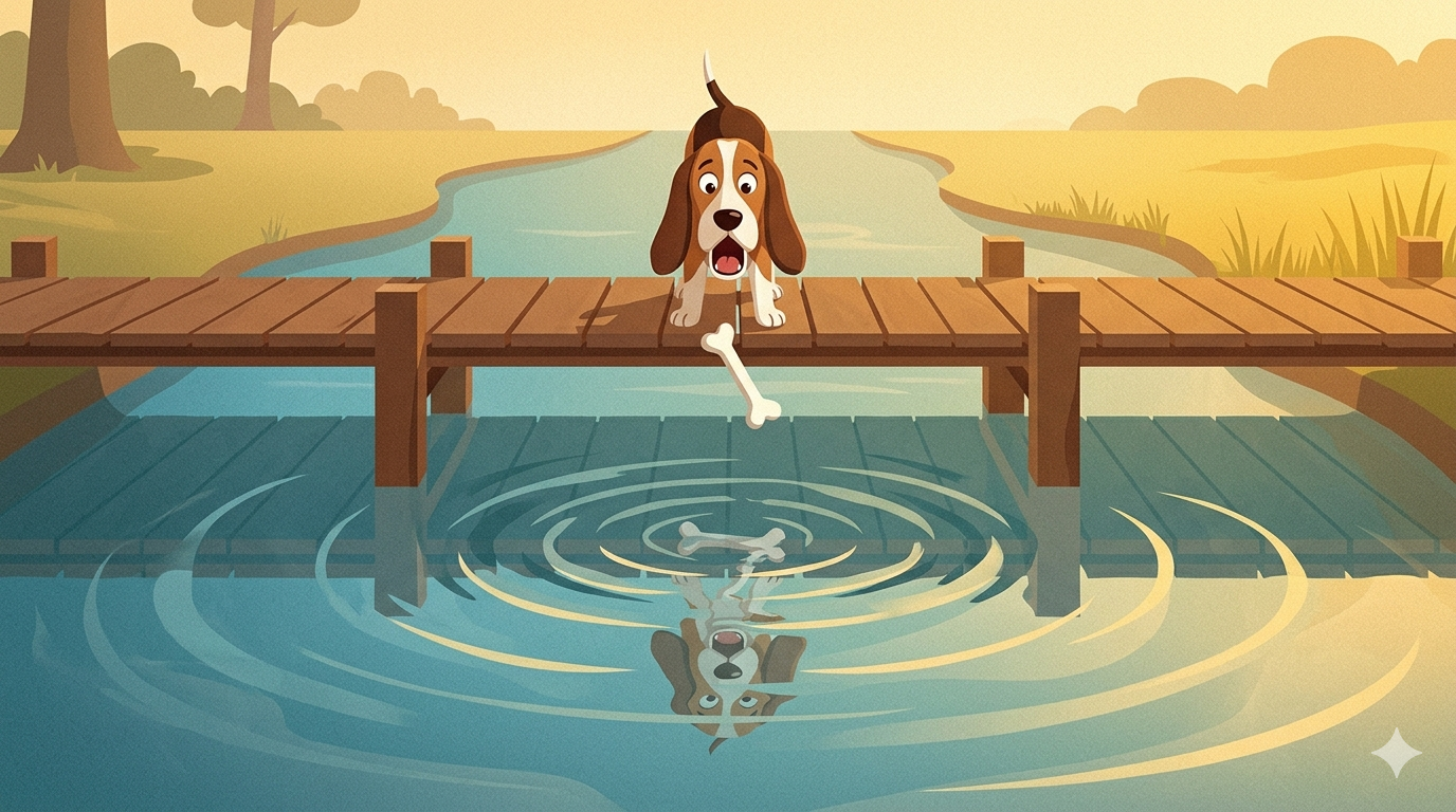 A dog stands on a wooden bridge with his mouth wide open as his bone falls into the river below and his own reflection disappears in the rippling water
