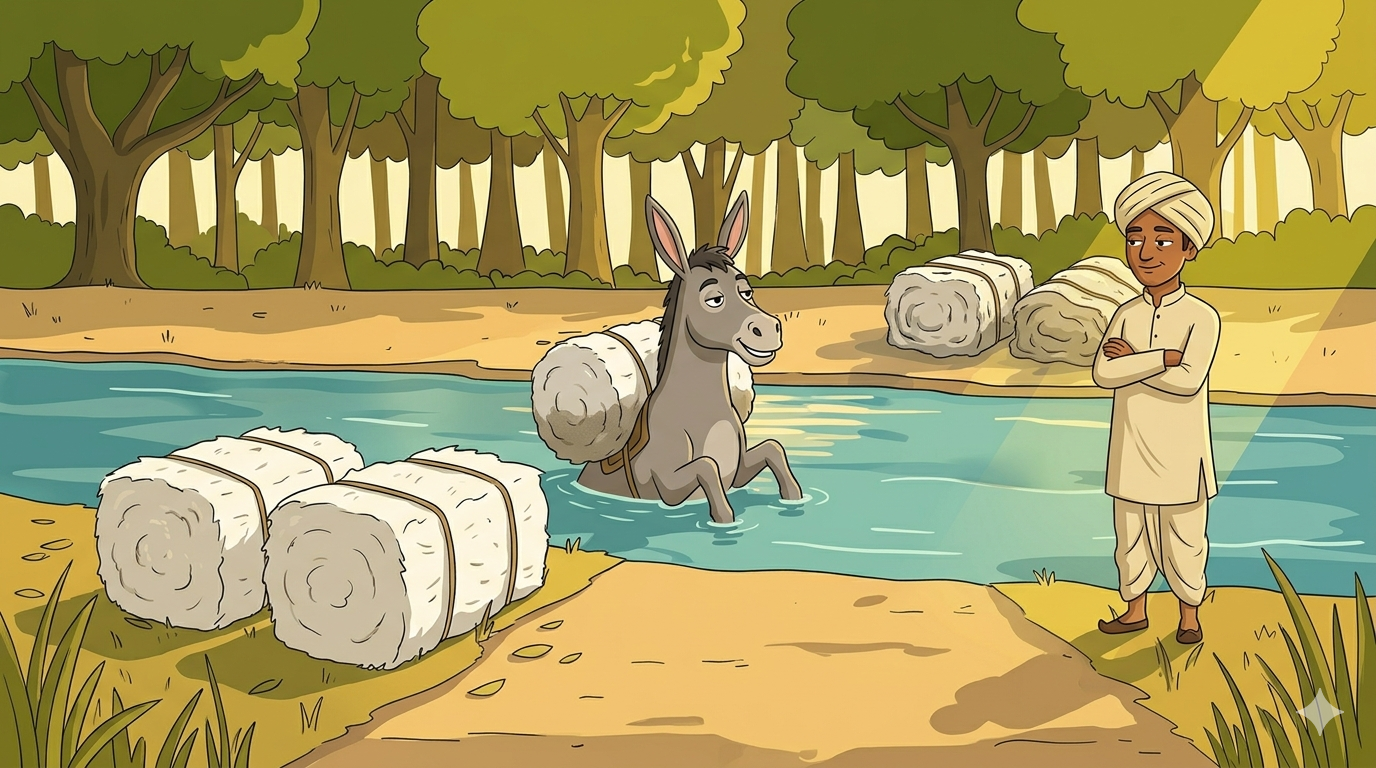 A smug donkey sits deliberately in a shallow river with cotton bales on his back just starting to get wet while a merchant stands on the bank watching with arms crossed and a knowing expression