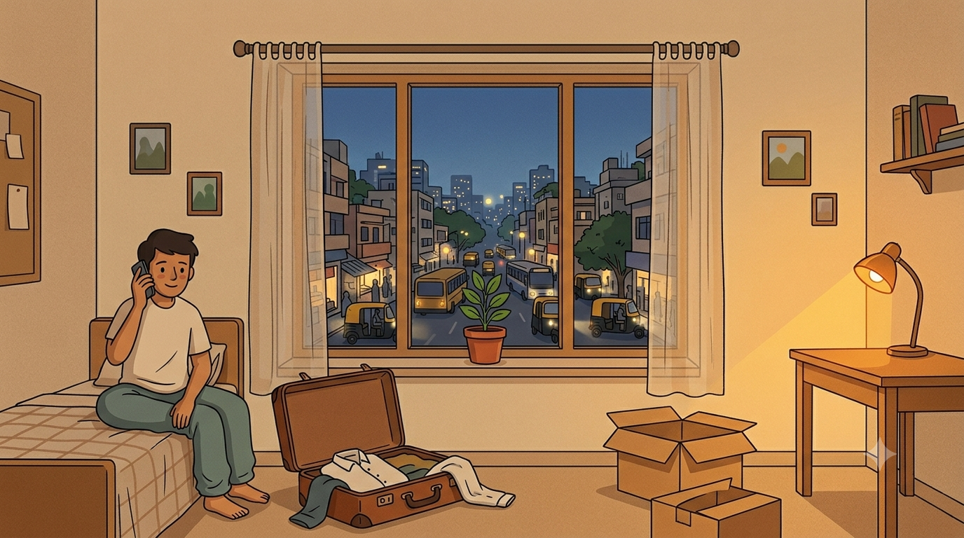 A young man sits on his bed in a sparse rented room in the evening with a phone to his ear and a slight smile while city lights glow through the window behind him