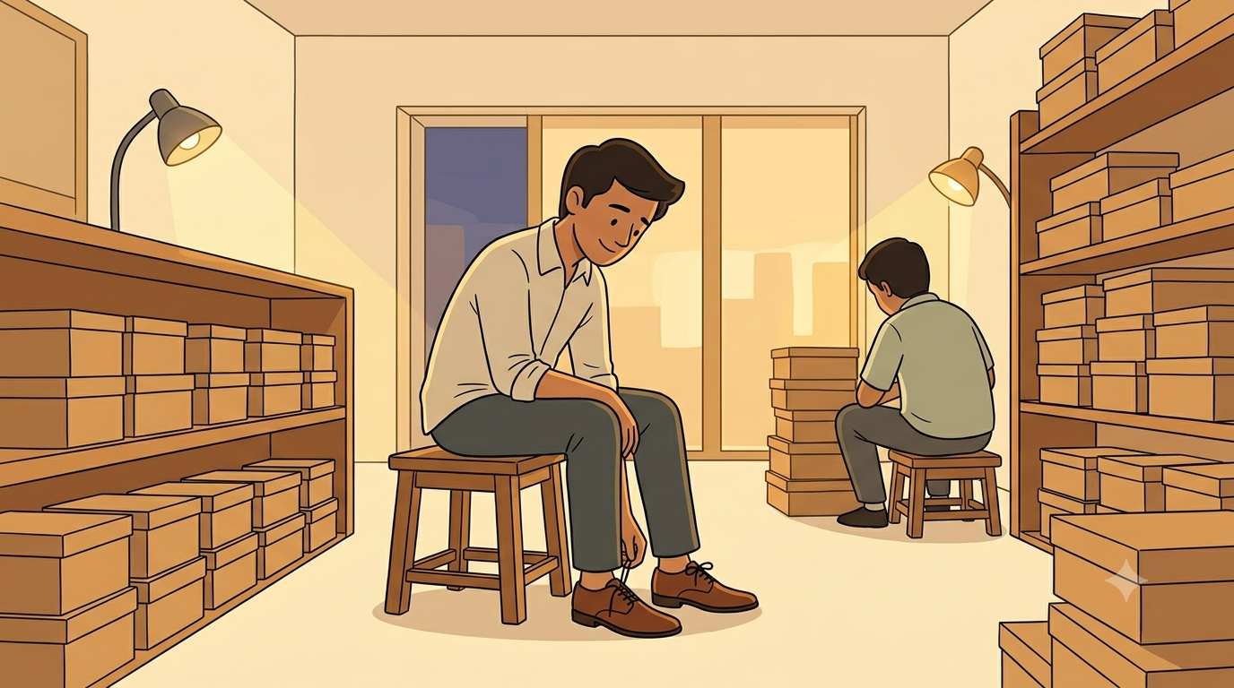 A young man sits on a low stool in a shoe shop in the evening looking down at a new pair of shoes on his feet with a quiet private smile while a shop assistant sits nearby paying no attention