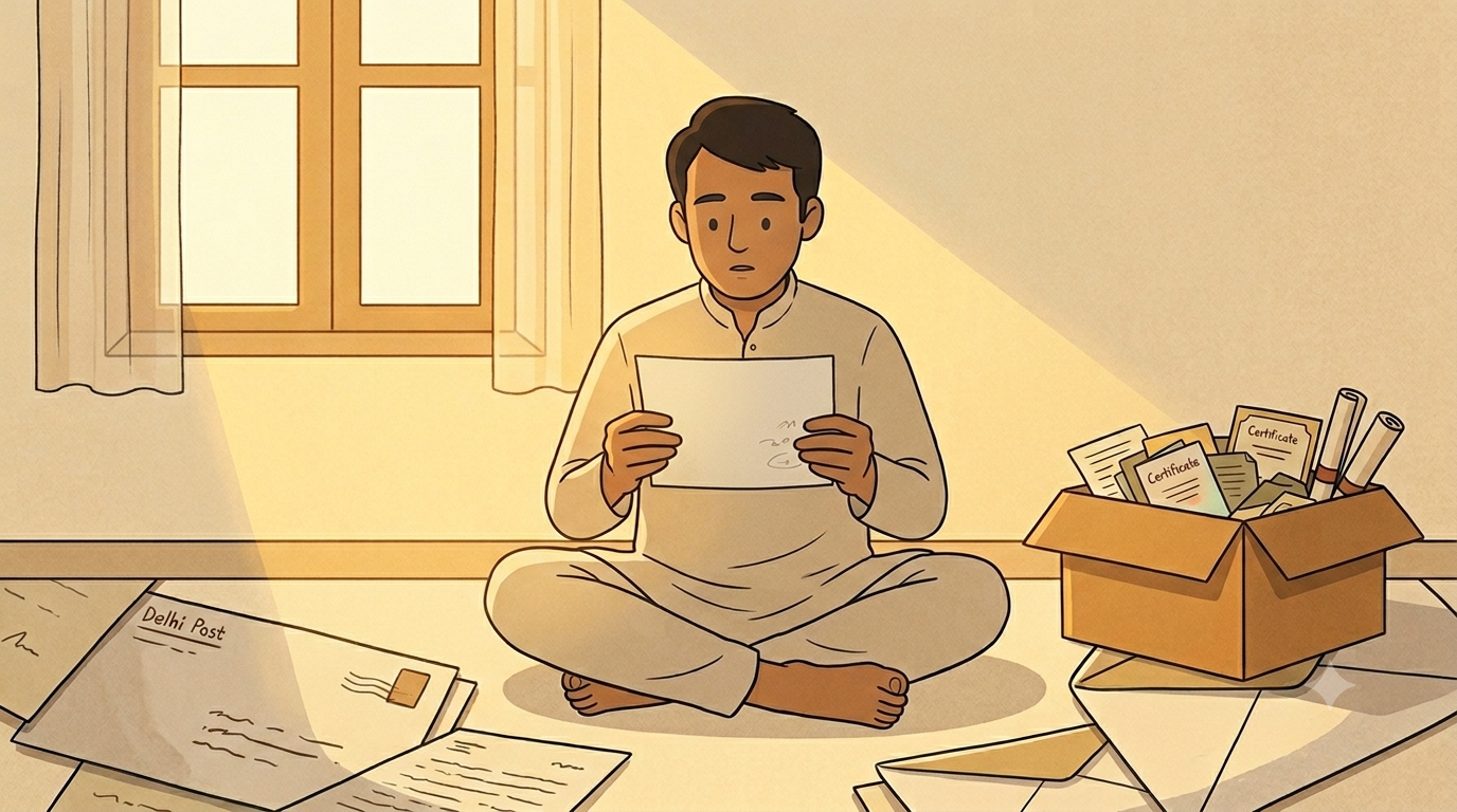 A person sits on the floor in afternoon light holding an old faded photograph in both hands with a thoughtful surprised expression while an open box and scattered papers surround them