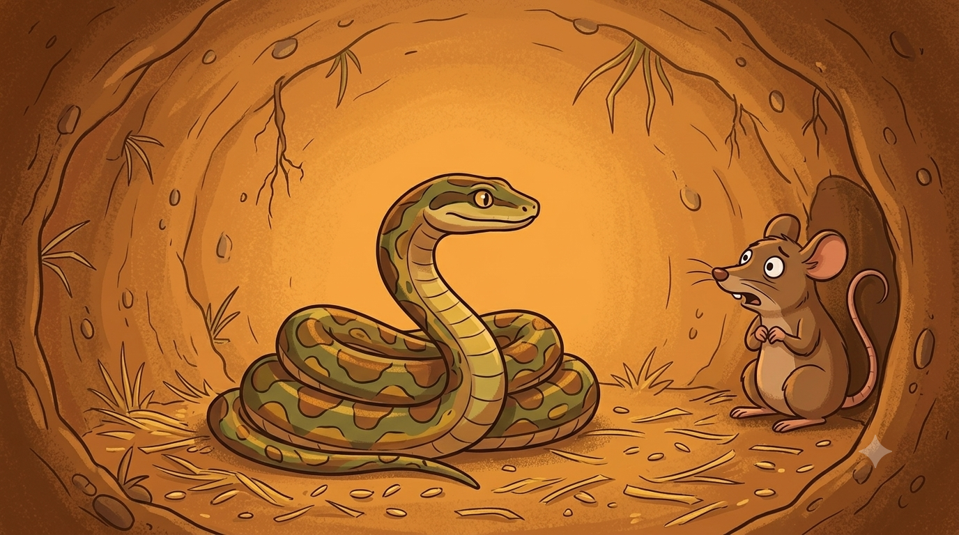 Inside a small warm mouse hole a snake is coiled and alert facing a small mouse who is backed against the wall with an expression of shock and disbelief unable to believe what is happening after his kindness