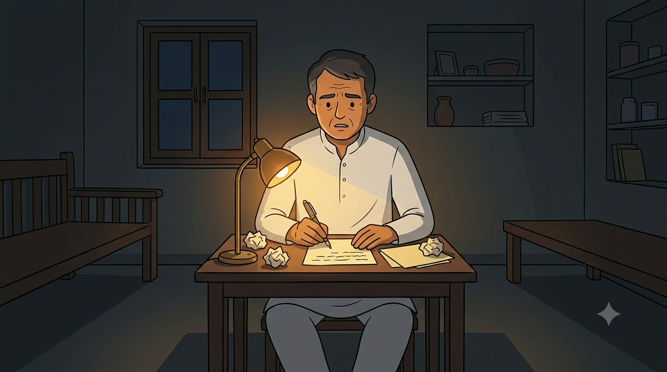 A middle aged man sits alone at a small table late at night writing a letter by lamp light with a focused troubled expression while crumpled abandoned attempts lie beside the lamp in the dark room