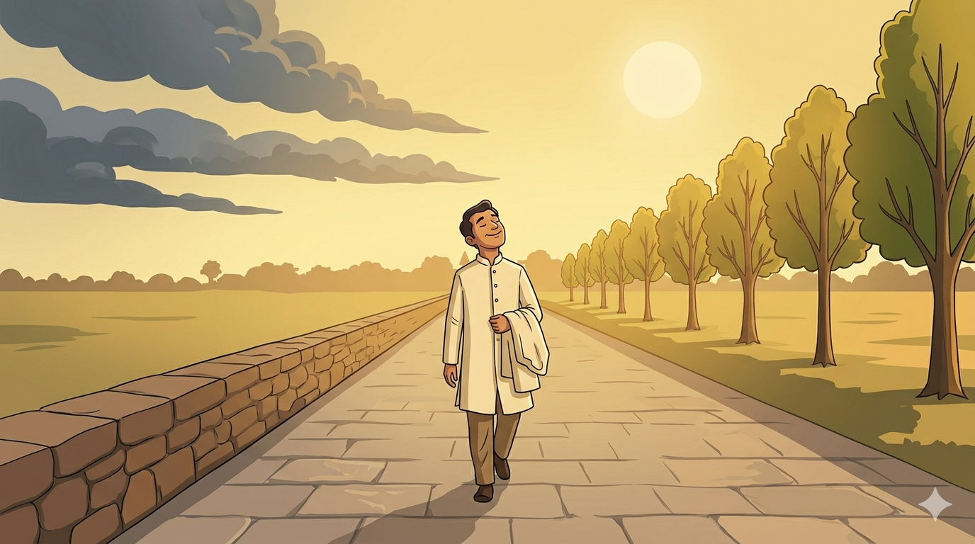 A man walks slowly on a road with his coat folded over his arm and his face tilted up toward the warm golden sun his eyes closed in complete contentment while dark clouds retreat in the distance