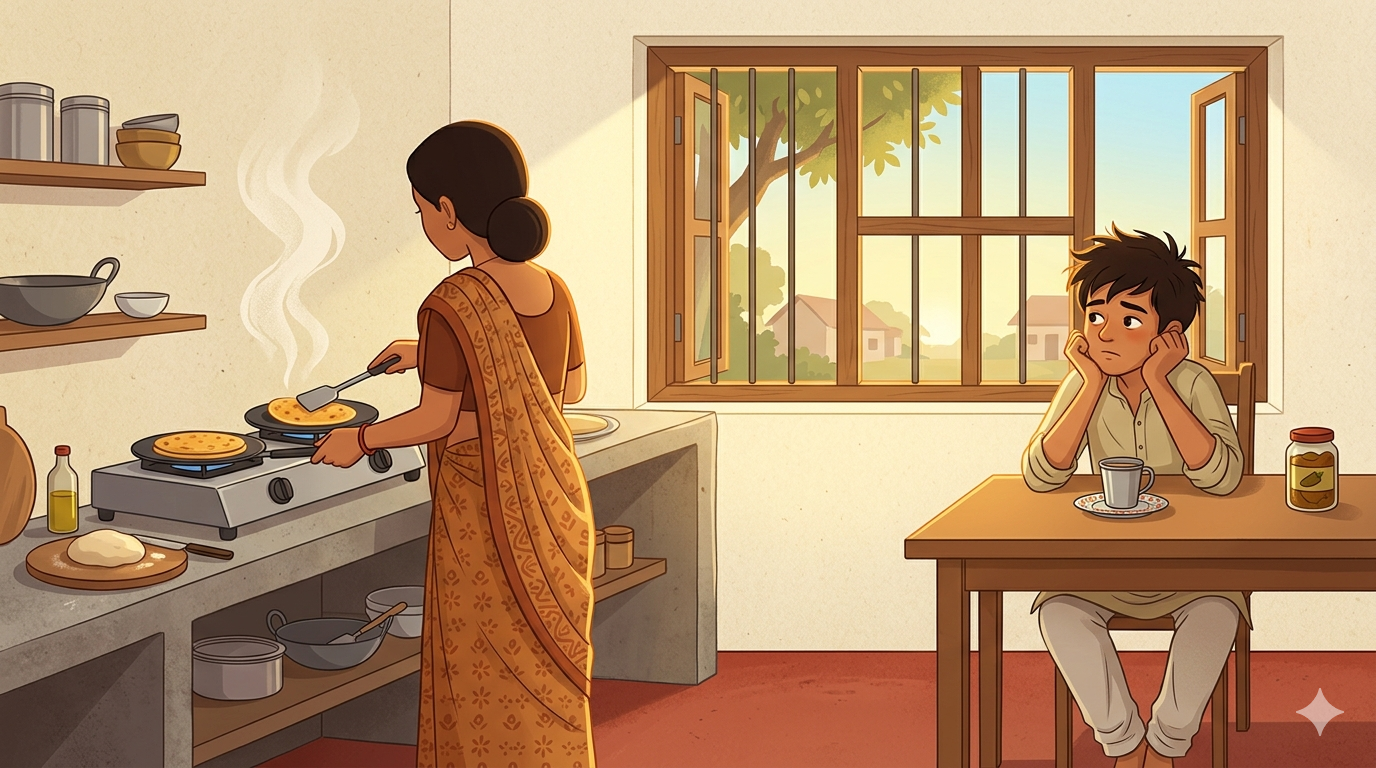 A mother stands at the kitchen stove making parathas with her back turned while her teenage son sits at the kitchen table tired and slightly dishevelled with a cup of chai in front of him in warm morning light