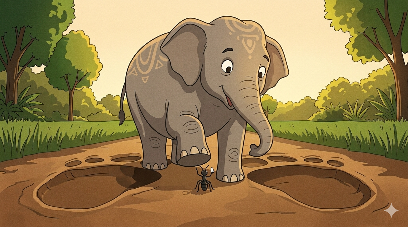 A large grey elephant stops mid-step on a jungle path looking down with a surprised expression at a tiny ant standing below his raised foot holding a grain and looking straight up at him completely unbothered