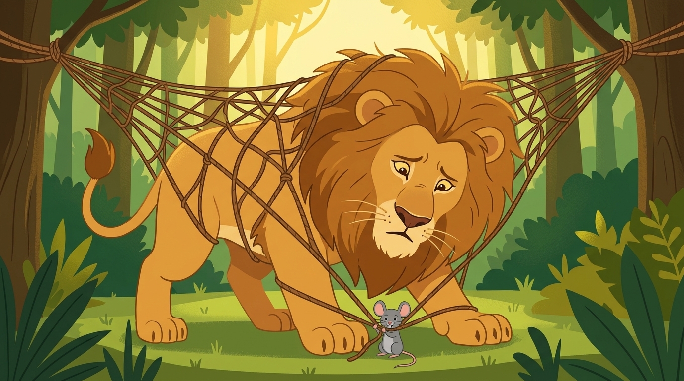 A tiny determined mouse chews through threads of a hunter's net at the base while a large tired lion is tangled inside looking down at the mouse in a warm forest