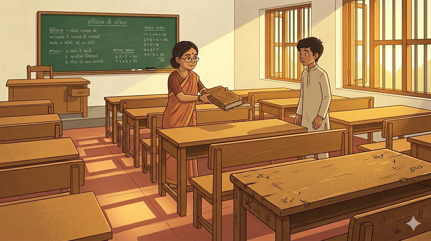 A small teacher with glasses stands at her desk in an empty classroom holding out an old book of maps toward a teenage boy who stands across from her looking surprised and unsure while she looks calm and certain