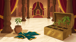 An empty royal court with a clay pot holding a small mango sapling on one side and an open brass box on the other revealing five mango saplings of different sizes inside with a crumpled silk cloth on the floor between them