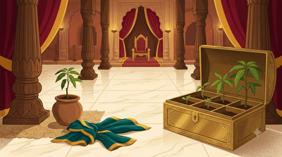 An empty royal court with a clay pot holding a small mango sapling on one side and an open brass box on the other revealing five mango saplings of different sizes inside with a crumpled silk cloth on the floor between them