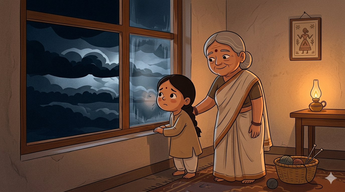 A small girl presses her nose against a window at night looking sadly at the cloudy sky while her daadi stands beside her with a gentle hand on her shoulder and a warm knowing smile looking at the girl not the sky