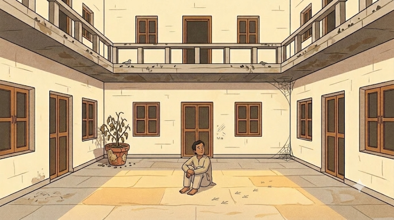 A person sits alone on the stone floor of an old Indian courtyard with knees pulled up looking slowly around the empty space in afternoon light while a dry tulsi pot sits in the corner