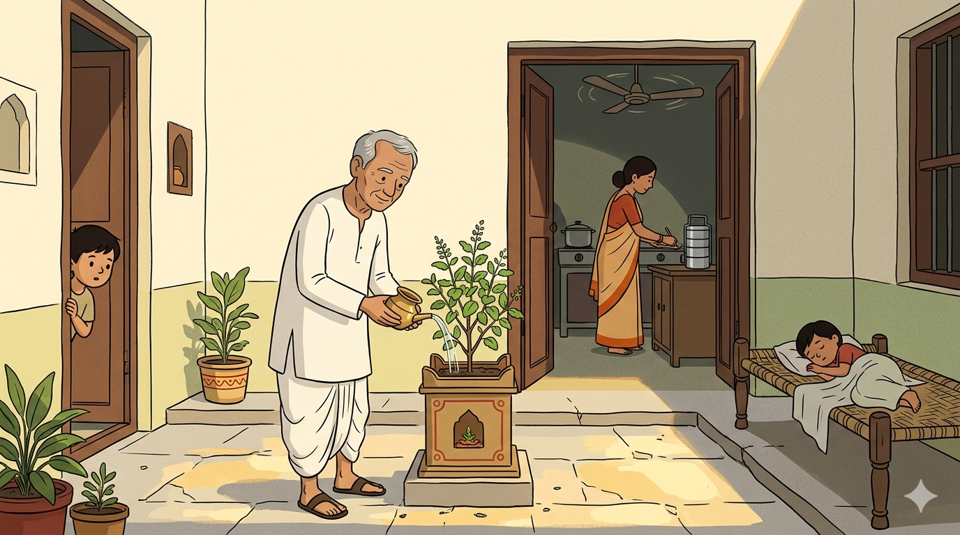 An elderly man waters a tulsi plant in a sunlit 
courtyard of an old Indian home, children playing 
nearby, ceiling fan visible through the kitchen doorway