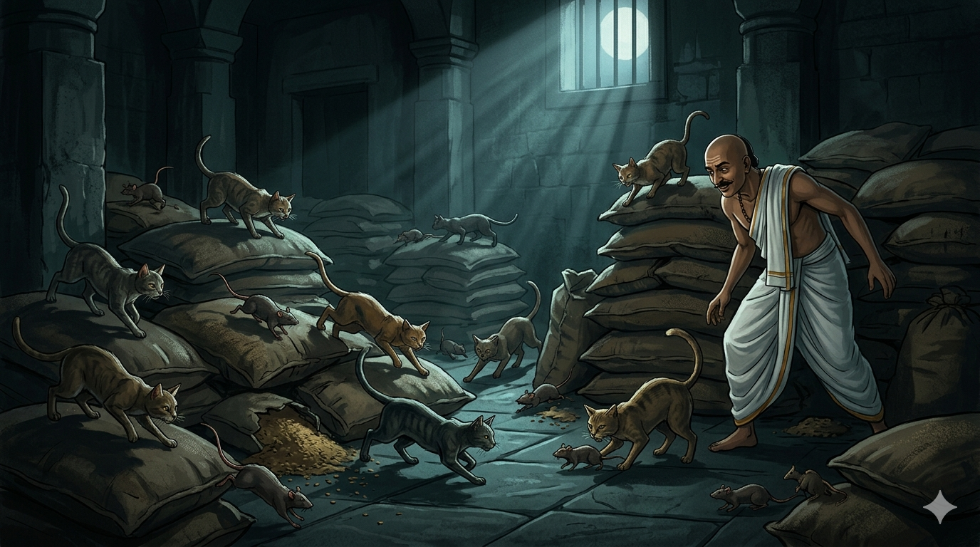 The clever advisor Tenali Raman stands observing as a group of hungry cats, no longer fed, vigorously hunt and chase rats among large sacks of grain