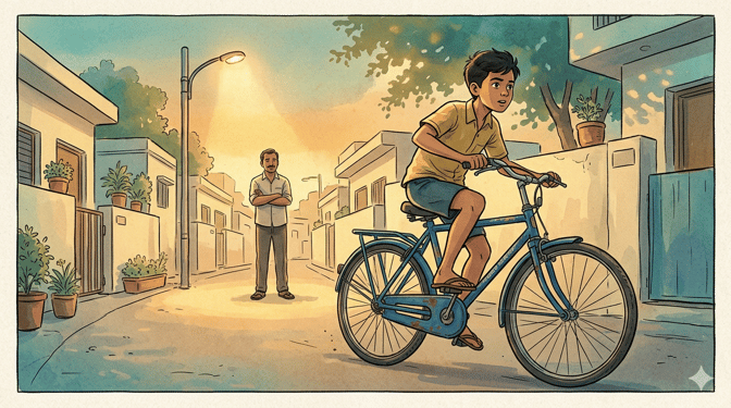 A boy joyfully riding a vintage blue Hero Ranger bicycle down a street at sunset while his father proudly watches from the sidewalk.
