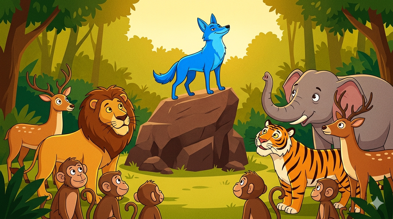 A bright blue jackal stands confidently on a large rock in a jungle clearing while a lion tiger elephant and other animals look up at him with wide impressed eyes