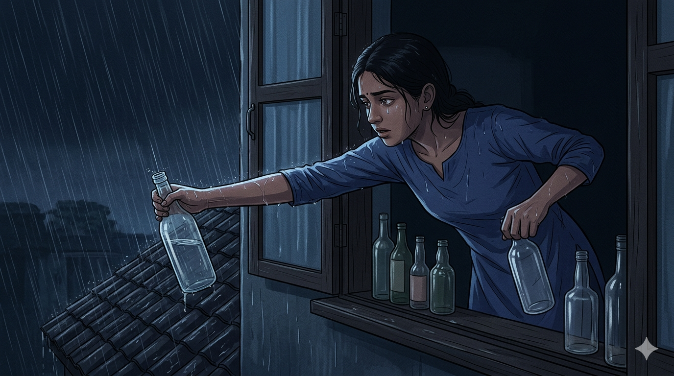 A girl collects monsoon rain in glass bottles labeled Blue and Red from a dark window at 3 AM.