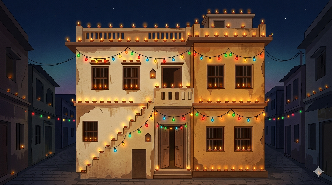 An old Indian house in a narrow mohalla lane glowing 
with rows of clay diyas on every windowsill and ledge 
on Diwali night