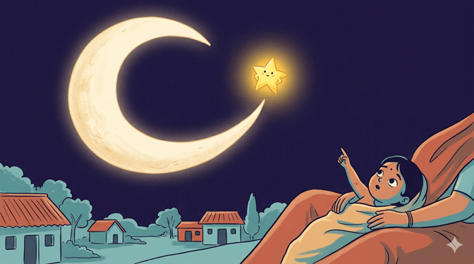 A crescent moon and a star watching over a child and a woman in an Indian village, based on the Bachpan Diaries series.