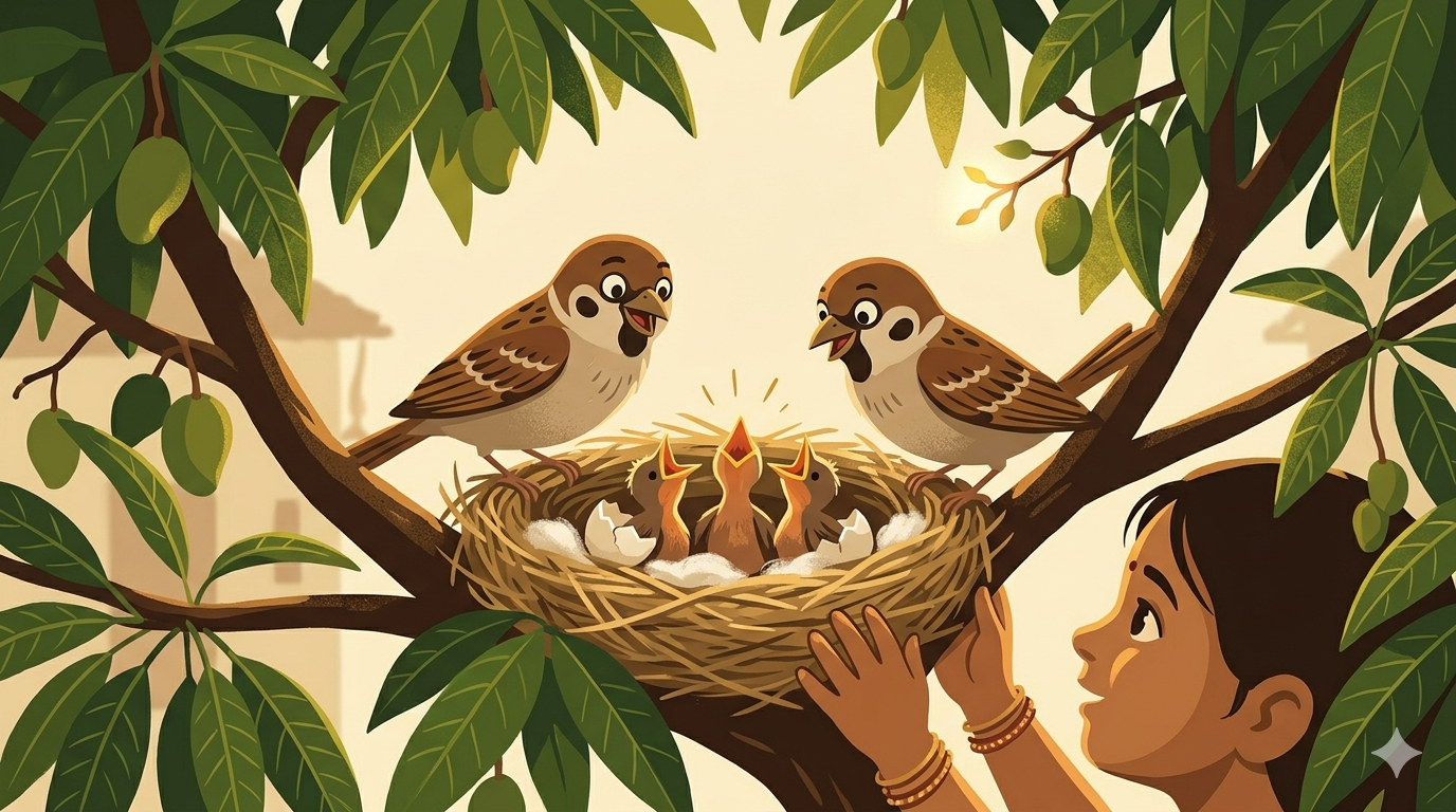 Young Indian girl with gold bangles smiling at three newly hatched baby sparrows in a nest tucked within a sunlit mango tree