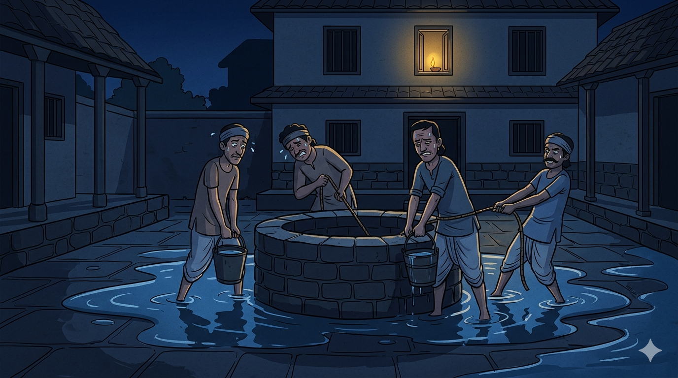 Three exhausted thieves frantically pull water from a well at night while the courtyard around them floods and a single oil lamp glows peacefully in the window of the dark house behind them