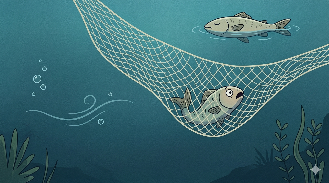 An underwater view of a fisherman's net spreading through a pond with one space empty where a fish escaped one fish floating still on the surface playing dead and one fish tangled in the net looking genuinely surprised