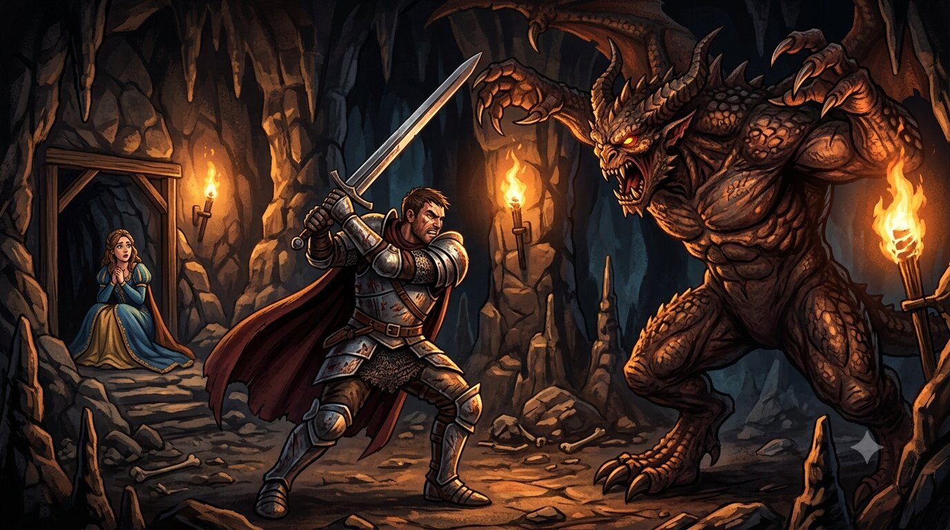 A warrior facing a demon in a cave, a princess watching from the corner