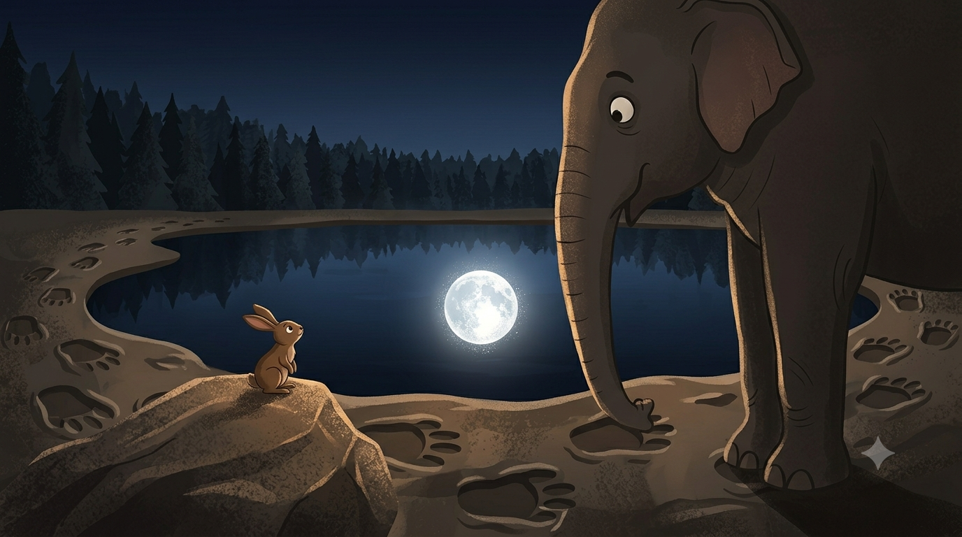 A tiny rabbit stands calmly on a rock at a moonlit forest lake facing a massive elephant towering above while the full moon reflects perfectly in the still water between them the size contrast enormous but the rabbit completely unafraid