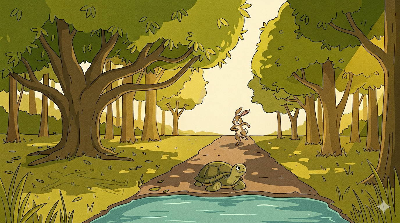 A calm tortoise sits at a riverbank looking at the water while a hare runs hard toward the finish far in the background on a warm forest afternoon