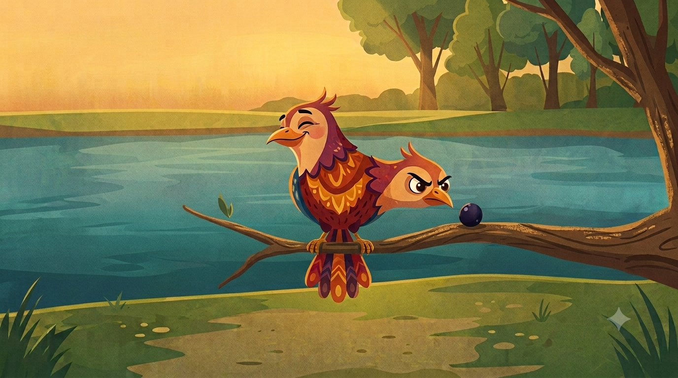 A bird with two heads sits on a branch with the first head looking away satisfied and smug while the second head stares angrily at a small dark berry in front of it determined to eat it despite knowing it is dangerous