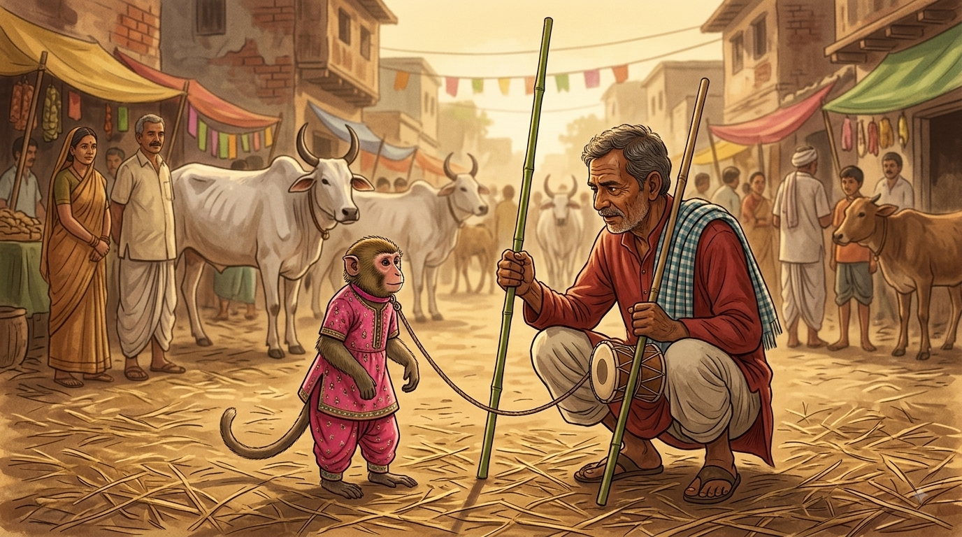 Illustration of a man in red kurta sitting on straw ground at Indian village fair, holding bamboo pole and drum, trained monkey in pink outfit standing beside him with cattle in background