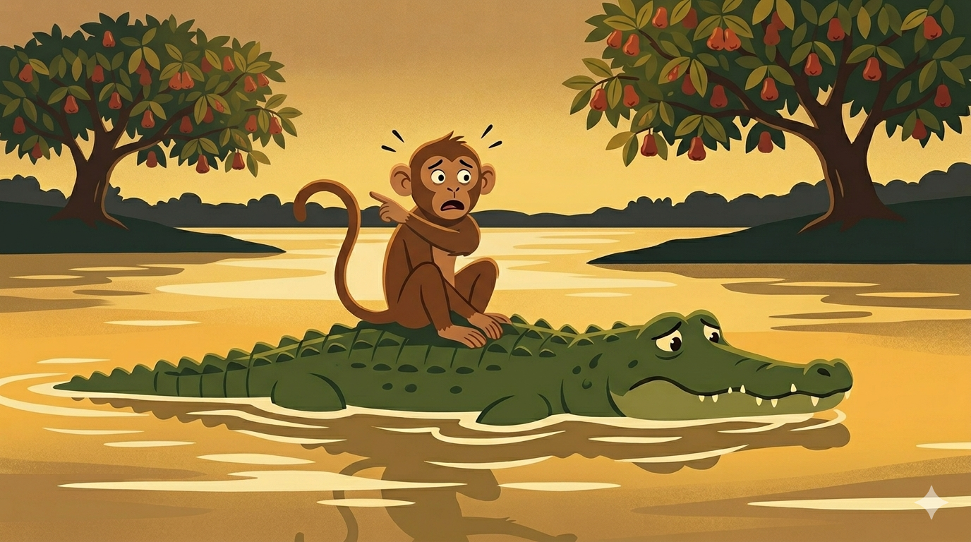 A worried monkey sits on a crocodile's back in the middle of a wide river, as the crocodile confesses his betrayal