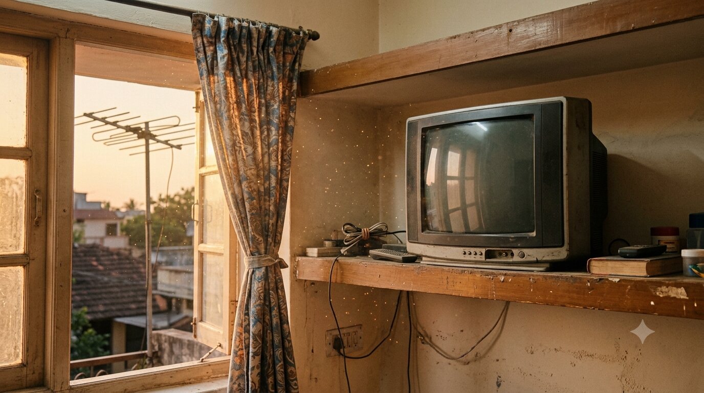An old television on a wooden shelf near the ceiling, curtain pulled aside, antenna visible through the window