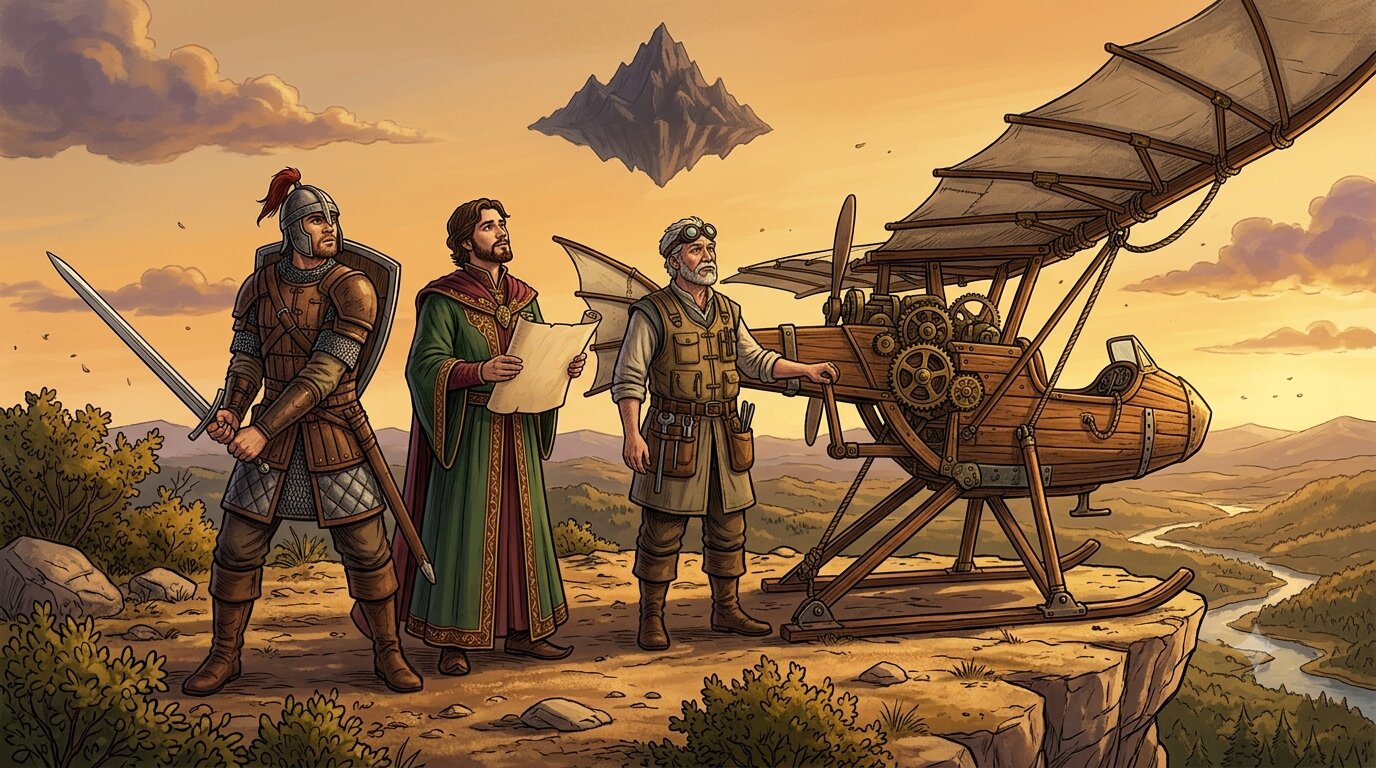 A warrior, a poet, and an engineer with his flying machine, looking toward a distant mountain
