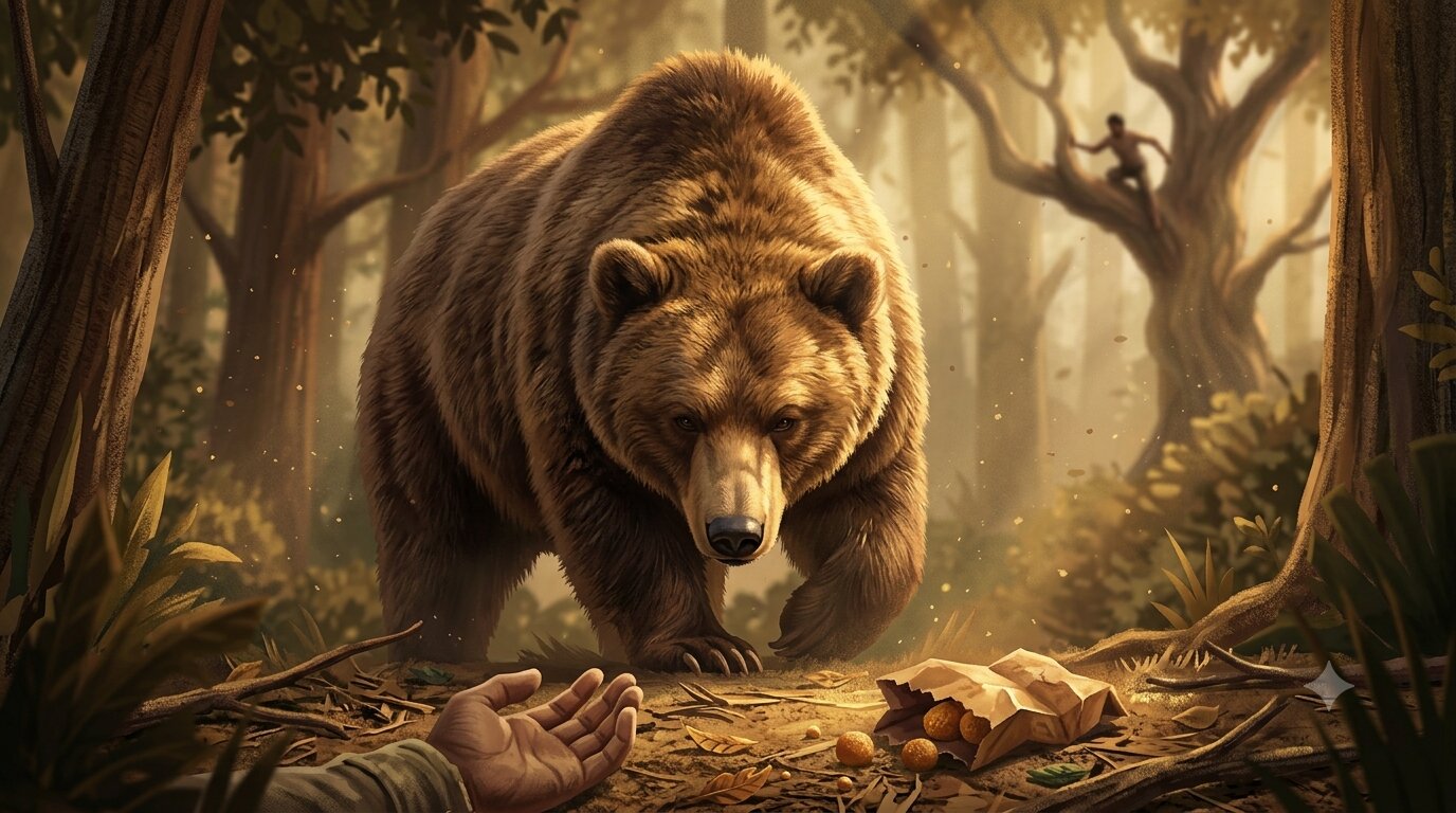 A bear standing over a man lying still on the forest floor, another man watching from high in a tree in the background