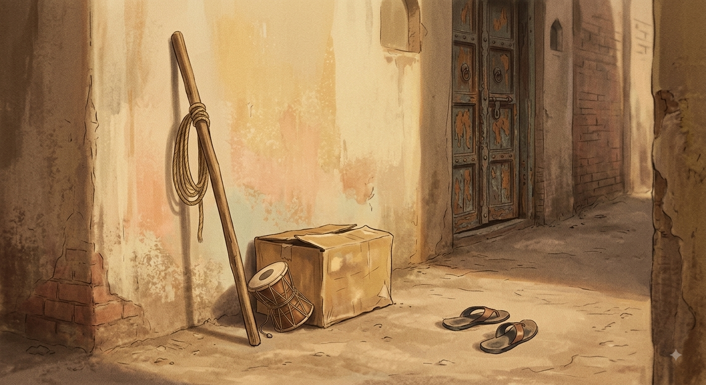An empty afternoon street with a wooden stick and coiled rope leaning against a wall, an old cardboard box and a damroo resting nearby, and a pair of slippers left behind in the dust