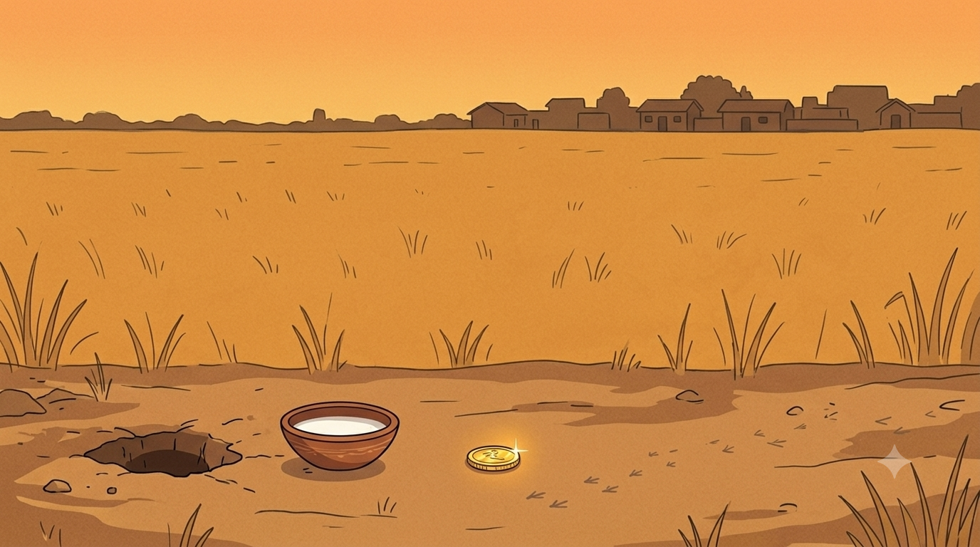 A dry agricultural field at dusk with a small clay bowl of milk placed beside a hole in the earth and a single gold coin glinting on the ground nearby while a village silhouette is visible far in the distance