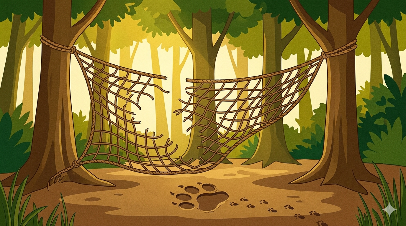 A hunter's net hangs broken and torn between three forest trees with a large paw print and a trail of tiny footprints visible on the ground below in warm afternoon light